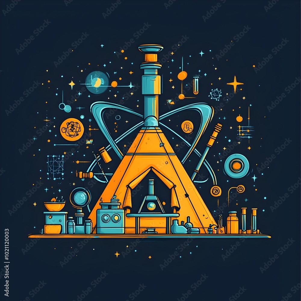 Poster Vibrant flat design graphic depicting a science themed camping experience featuring a telescope microscope and various science themed icons surrounding a tent in the shape of an atom