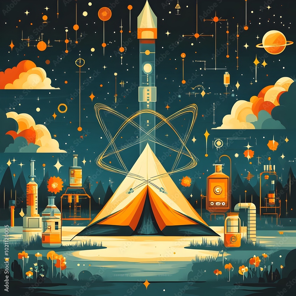 Poster stylized flat showcasing a science themed camping scene featuring a tent shaped like an atom surroun