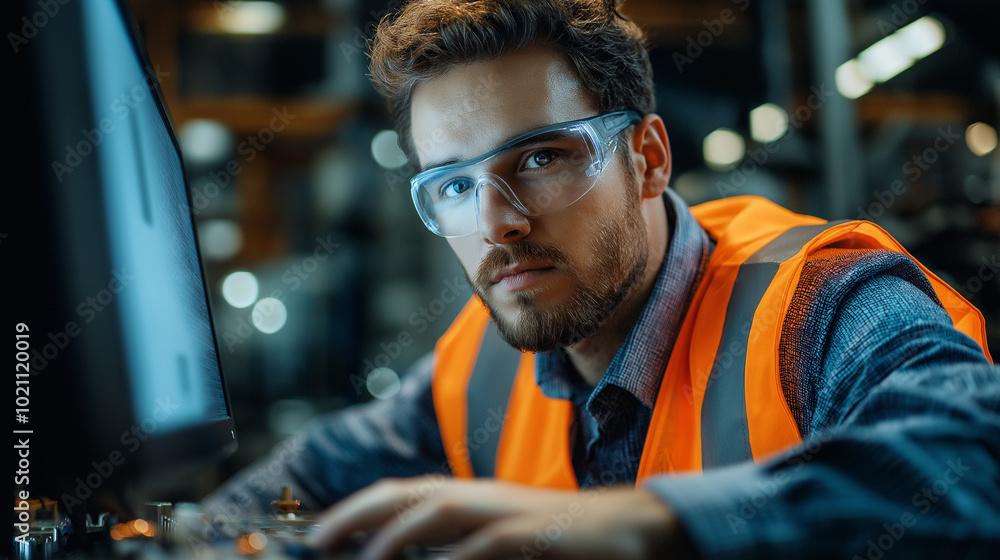 Poster a factory engineer in uniform working in an industrial plant in production using technology. an auto