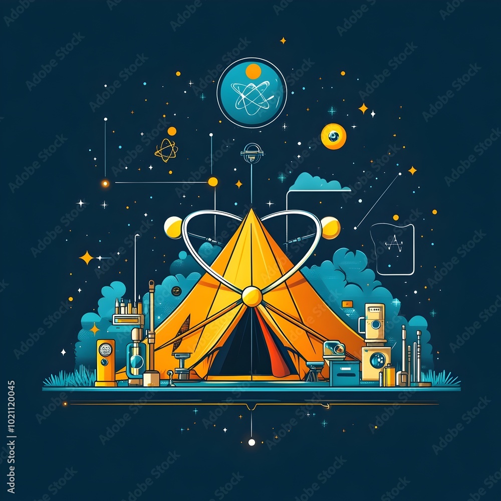 Poster stylized flat showcasing a science themed camping scene featuring a tent shaped like an atom surroun