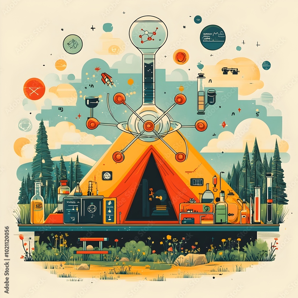 Aufkleber whimsical and imaginative flat art piece depicting a science themed camping adventure featuring an a