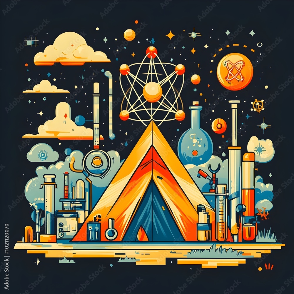 Aufkleber whimsical flat art piece depicting a science camping adventure containing a tent modeled after an at