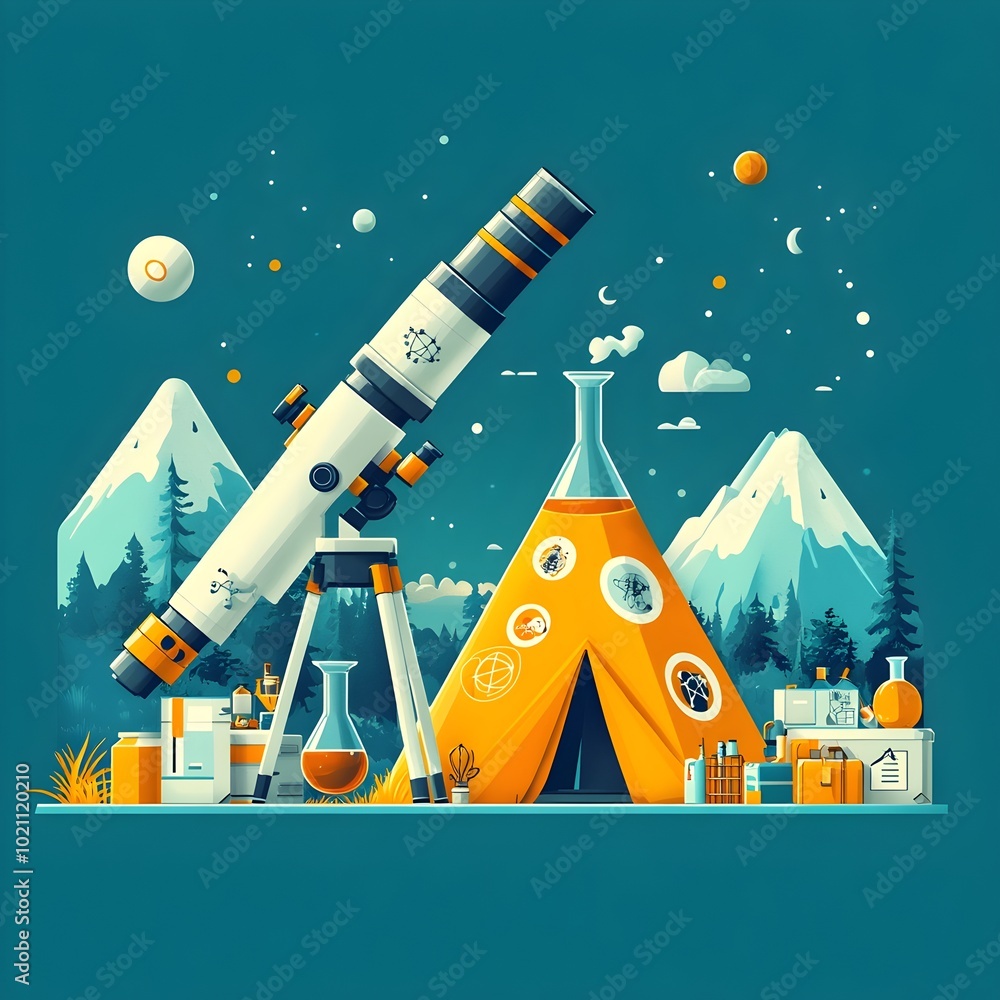 Poster Minimalist and flat design composition showcasing a science camp setting with a telescope microscope and science themed graphics alongside a camping tent in the shape of a beaker