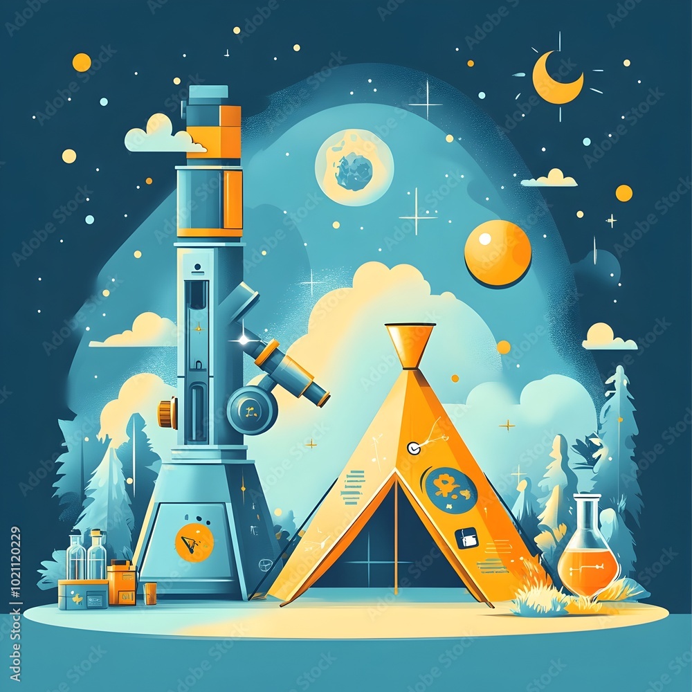 Poster Minimalist flat design composition showcasing a science camp setting with a telescope microscope and science themed graphics alongside a camping tent in the shape of a beaker