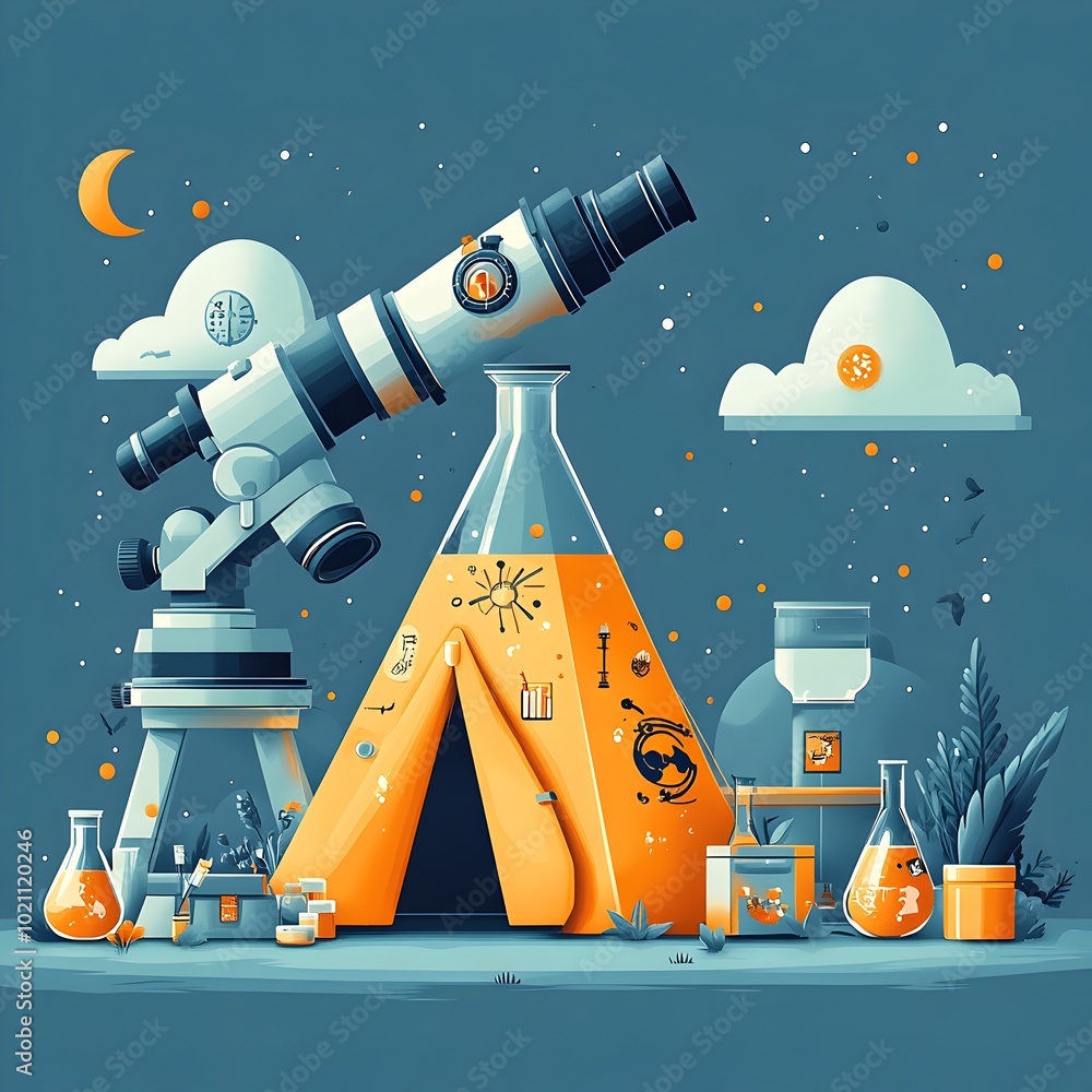 Poster Minimalist flat design composition showcasing a science camp setting with a telescope microscope and science themed graphics alongside a camping tent in the shape of a beaker