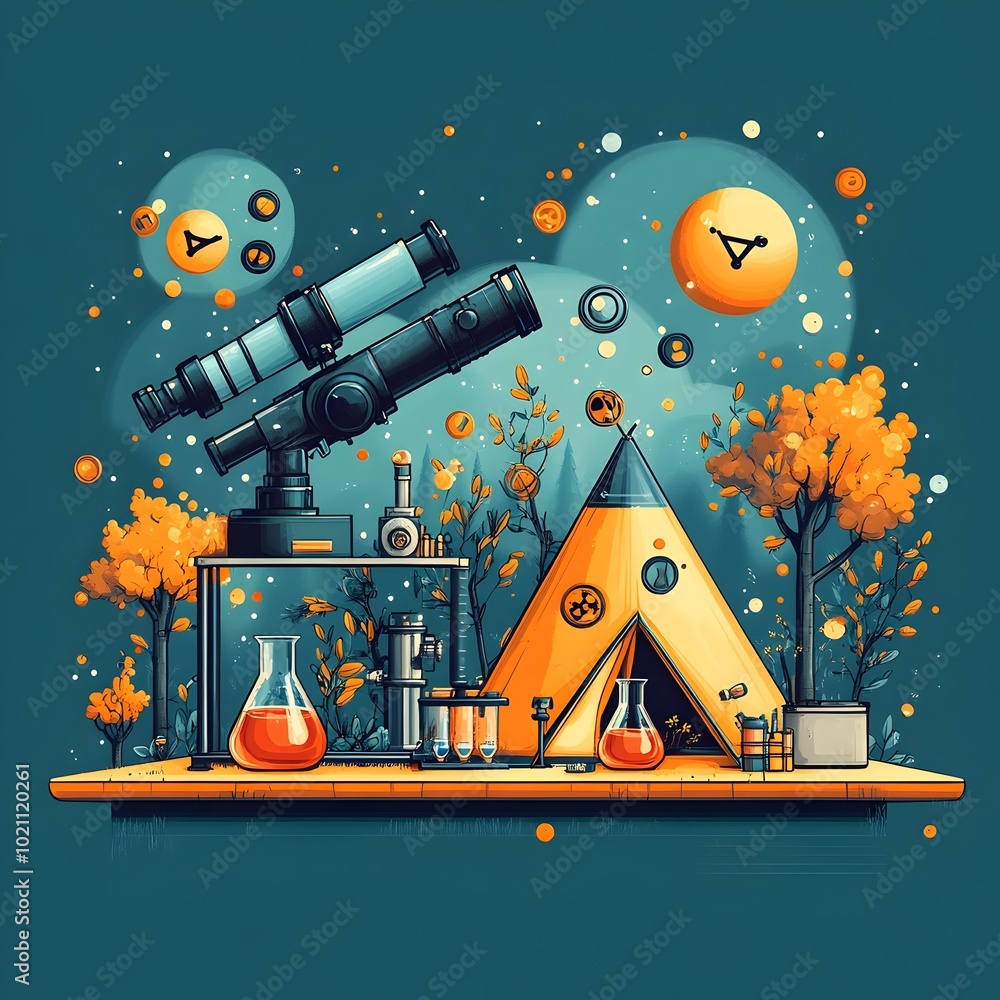 Poster Minimalist flat design of a science camp featuring a telescope microscope and science themed icons with a camping tent in the shape of a beaker