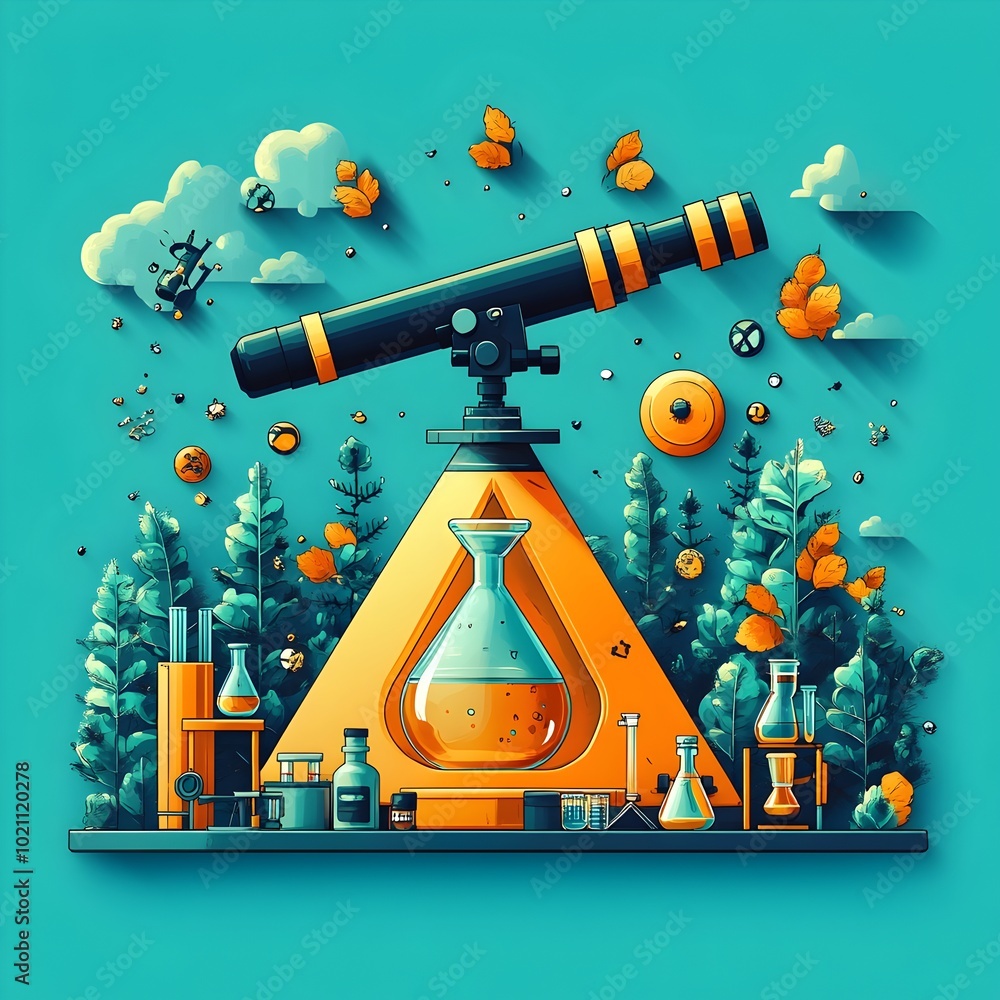 Poster Minimalist flat design of a science camp featuring a telescope microscope and science themed icons with a camping tent in the shape of a beaker