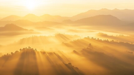 Obraz premium Mystical Sunrise Over Thai Mountain Range - Serene Landscape Photography with Soft Light and Ultra Detail