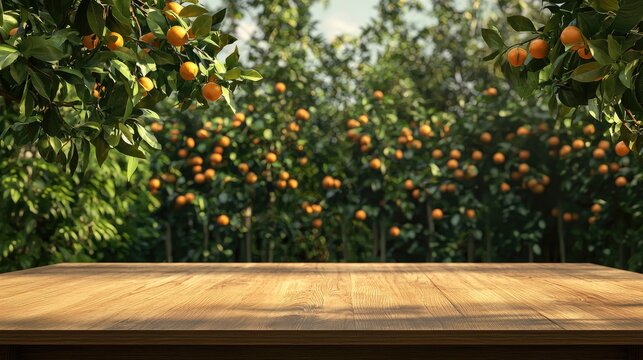 A brown table, There are a lot of loquat trees behind the table, Super real, Photographic picture, Oc rendering