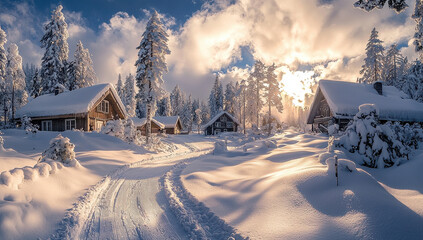 Charming wooden cabins with snow-covered roofs are nestled in a serene winter wonderland of towering trees under a bright and clear sky, evoking coziness and peace.