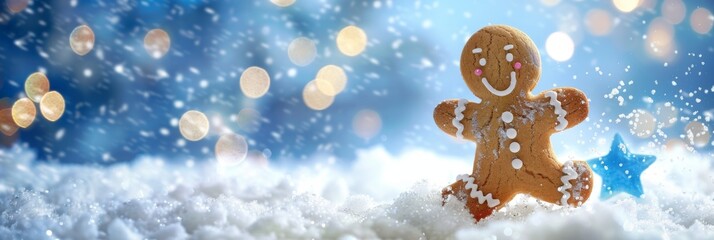 Smiling Gingerbread Man Cookie in a Snowy Winter Wonderland with Sparkling Snowflakes – Festive Christmas Dessert for Holiday Celebrations and Seasonal Baking Fun