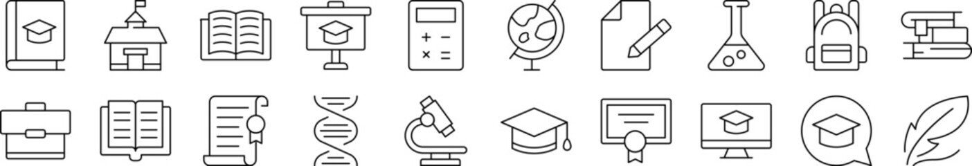 Collection of Images of Briefcase, Microscope, Books Drawn with Thin Line for apps, web sites, banners, infographics and other types of design