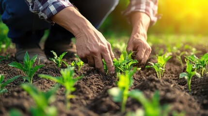 A farmer planting young seedlings in rich, dark soil during a bright sunny day, showcasing growth and sustainability in agriculture.