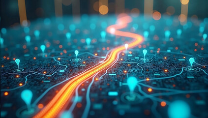 AI technology in GPs, innovation delivery, map location, future transport logistic, route path concept. GPs point. New office location