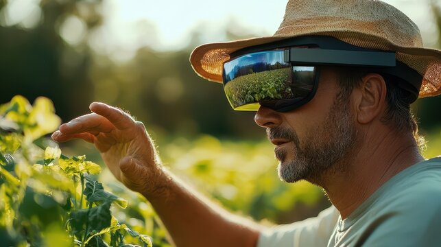 A farmer using augmented reality glasses to inspect crops in a vineyard, showcasing the blend of technology and agriculture.