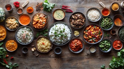 A colorful array of Indian dishes showcasing vibrant spices and fresh ingredients on a rustic wooden table.