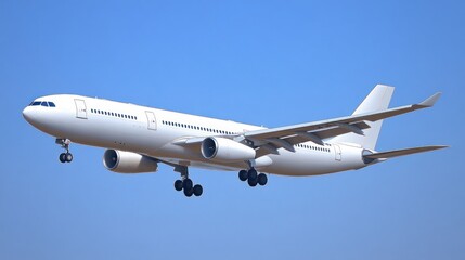 Obraz premium A white airplane approaching for landing against a clear blue sky.