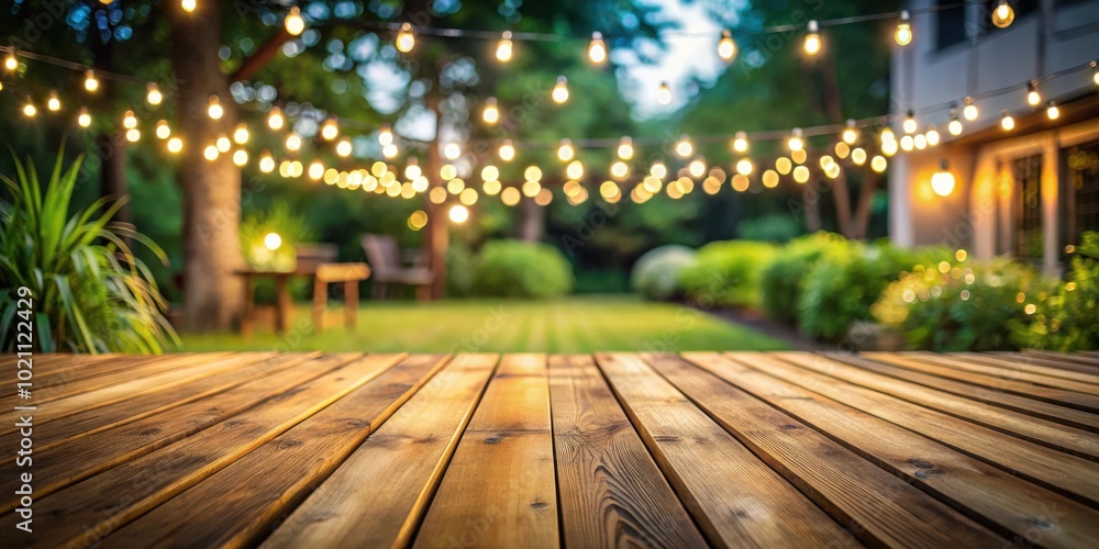 Aufkleber A Wooden Deck Tabletop with a Blurred Background of a Backyard Illuminated with String Lights