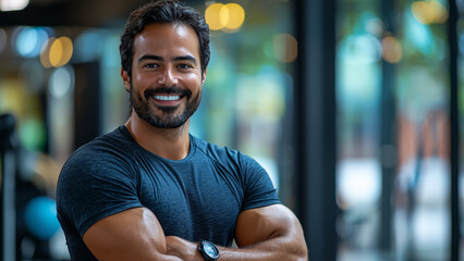 Latino Hispanic Man Fitness Trainer - fitness, gym, workout, man, smiling, active, healthy, physique, exercise, athlete, strength, personal trainer, confidence, biceps, wellbeing