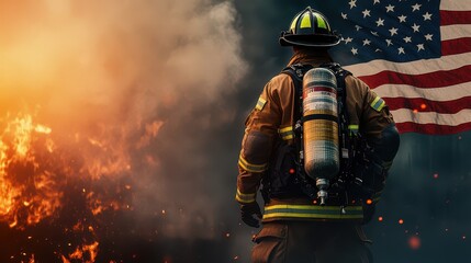 A brave firefighter stands ready against a fiery backdrop, embodying courage and determination with the American flag in view.