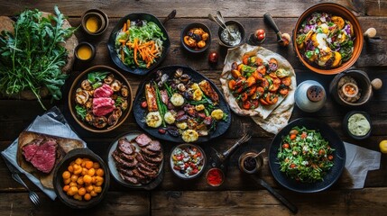 A vibrant spread of grilled meats and colorful salads on a rustic wooden table.