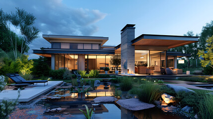 A modern house and its outdoor features in the warm embrace of daylight, with the clear blue sky providing a stunning backdrop