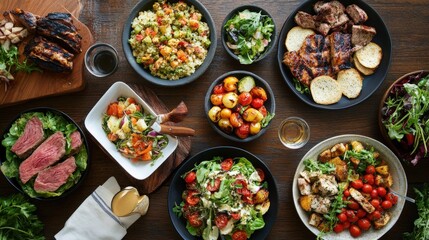 Fototapeta premium A vibrant spread of grilled meats, fresh salads, and colorful sides on a wooden table.