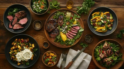 Aerial view of a gourmet dinner spread featuring succulent grilled meats and vibrant vegetable salads.