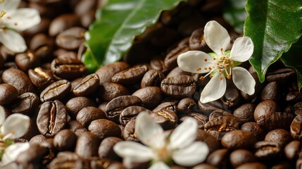 Fototapeta premium Freshly Roasted Coffee Beans with Blooming Flower on Earthy Background