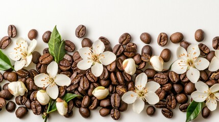 Obraz premium Close up of Aromatic Coffee Beans with Blooming Flowers on Neutral Background