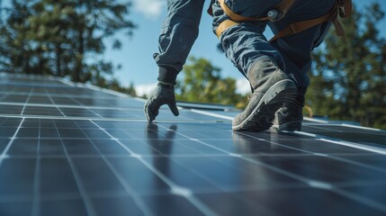 Obraz premium Technician Installing Solar Panels on Rooftop for Renewable Energy Production