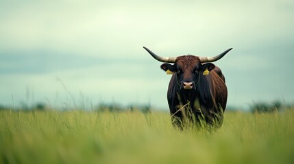 A curious bull stands majestically in a green field under a cloudy sky, embodying rural charm and natural beauty.