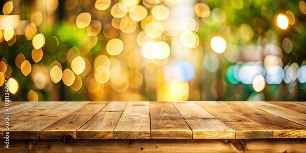 Poster a wooden table top with a bokeh background of glowing lights and greenery