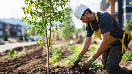 A dedicated worker planting a young tree in a residential area, showcasing commitment to landscaping and environmental care.