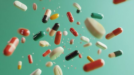 Colorful Pills and Capsules Falling on Green Background Medical Pharmacy Health Concep