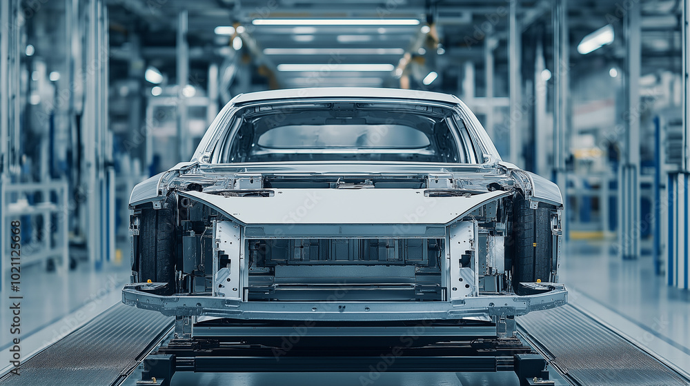 Poster 3d render in car factory, concept of automated mobile factory with body assembly on robotic assembly
