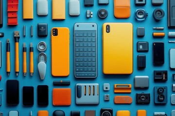 A flat lay of various tech accessories and gadgets on a blue background.