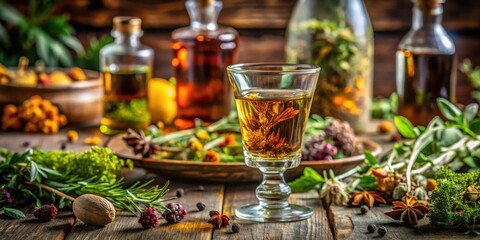 Fototapeta premium A glass of herbal liqueur surrounded by fresh herbs, spices, and other botanicals, showcasing the natural ingredients used in its creation.