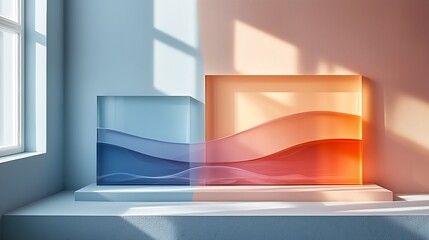 Abstract background with wavy glass and light. Minimalist product display scene with a blue and pink color theme.