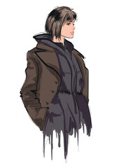 Beautiful young girl in stylish clothes. Fashion woman look. Sale concept. Hand-drawn fashion illustration. Cute girl in fashion clothes.
