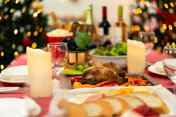 Background of celebration Christmas festive dinner party on holidays at home in warming cozy room