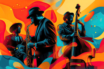 Abstract poster of Jazz-Bossa Nova-Latin rhythmic blend of jazzy harmonies, Brazilian bossa nova grooves, and Latin rhythm