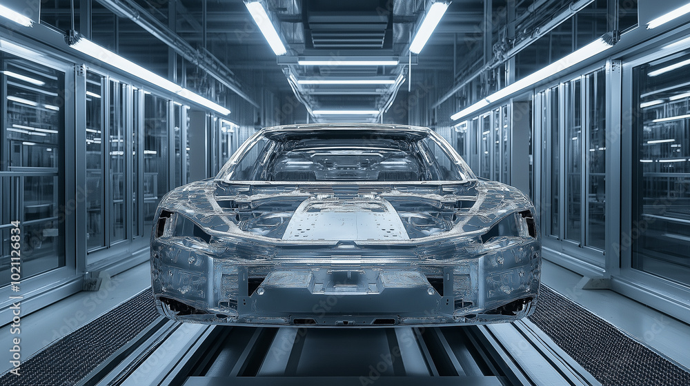 Poster 3d render in car factory, concept of automated mobile factory with body assembly on robotic assembly