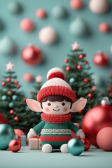 Cute toy elf figure in red hat with Christmas presents and baubles on festive background. 3D style. Holiday and Christmas concept. Image for greeting card.