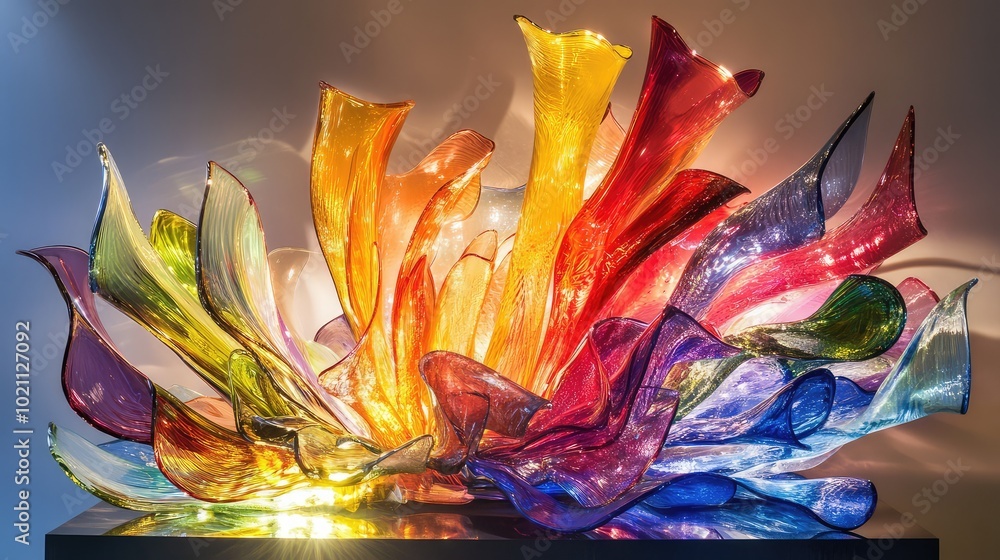 Poster a dynamic abstract glass sculpture in a burst of vibrant colors, illuminated from below, creating a 