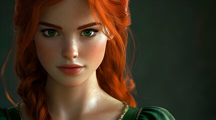 Realistic Portrait of a Woman with Red Hair and Green Eyes