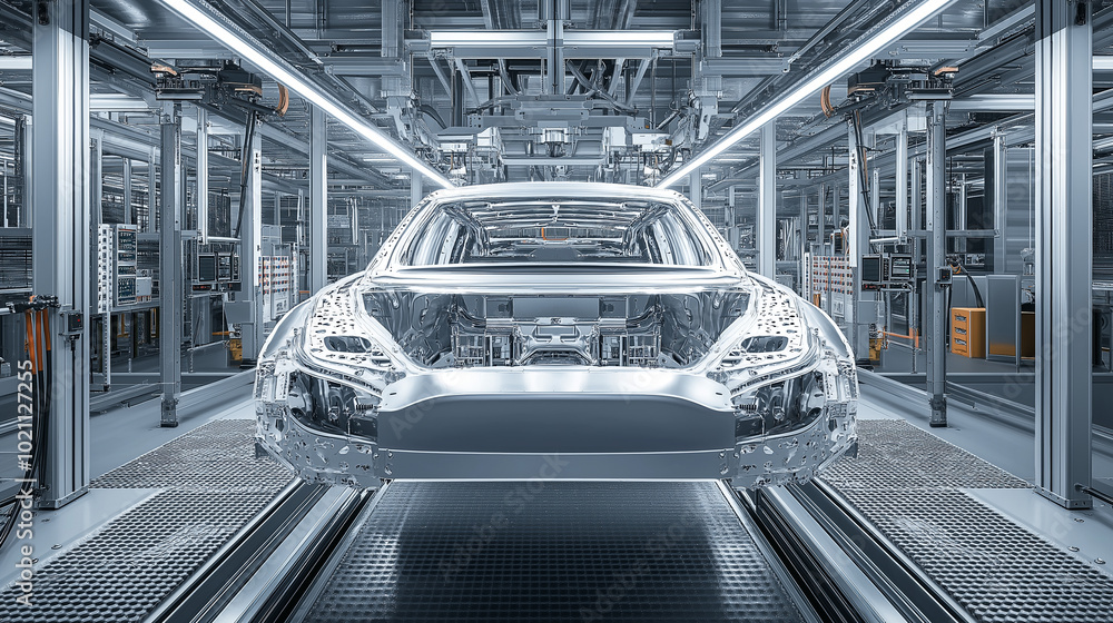 Poster 3d render in car factory, concept of automated mobile factory with body assembly on robotic assembly
