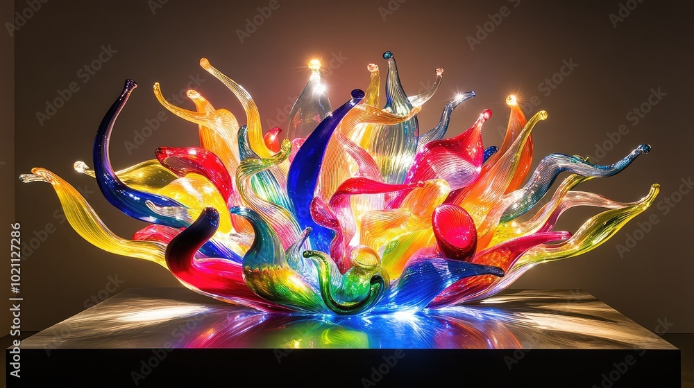 Poster a dynamic abstract glass sculpture in a burst of vibrant colors, illuminated from below, creating a 