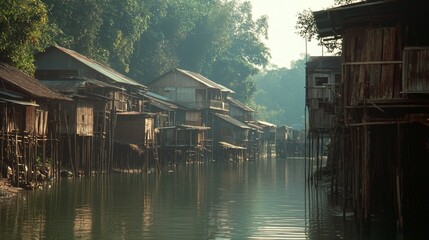 Fototapeta premium Serene Village Life: Stunning Unseen Thailand With Stilt Houses by the River