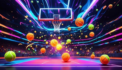 A basketball court with a hoop and basketballs, surrounded by a colorful, abstract atmosphere. The scene is filled with bright lights, confetti, and a sense of energy and excitement.